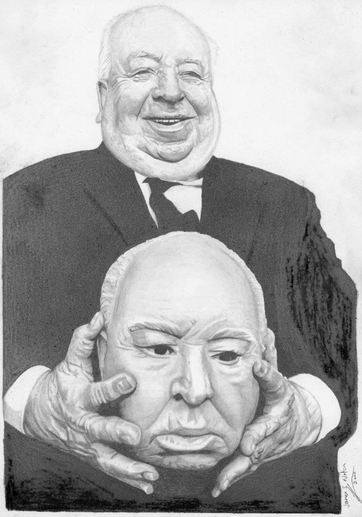 A graphite and colored pencil drawing of a smiling man holding a mask that depicts a frowning face, symbolizing duality or contrasting emotions.