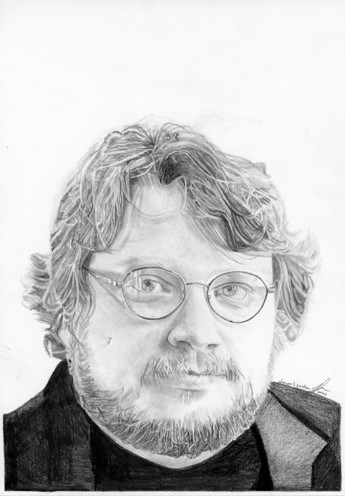 A detailed pencil drawing of a person with glasses and curly hair, focusing on their facial features and expressions.