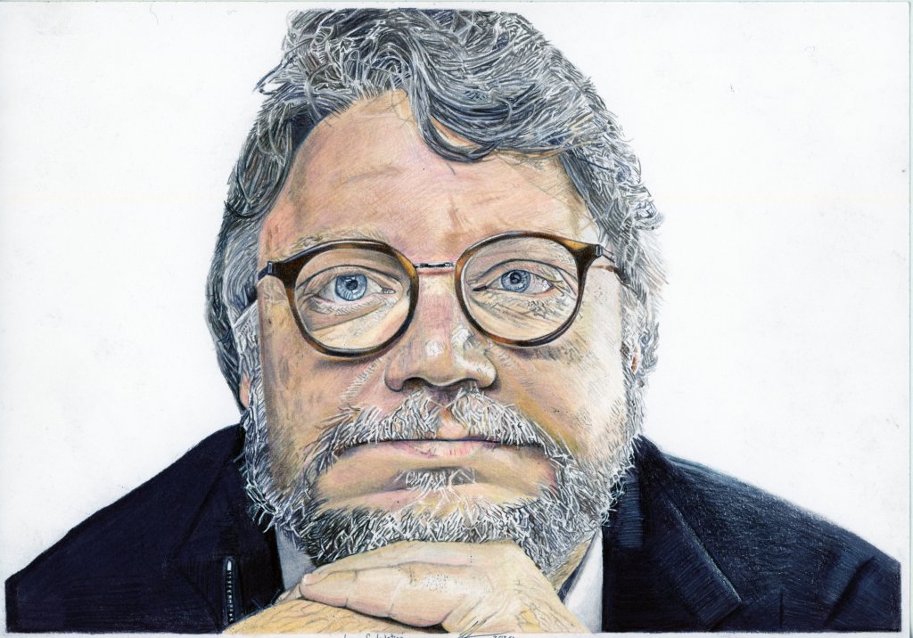 A detailed colored pencil portrait of a man with glasses and gray hair, resting his chin on his hands, set against a plain white background.