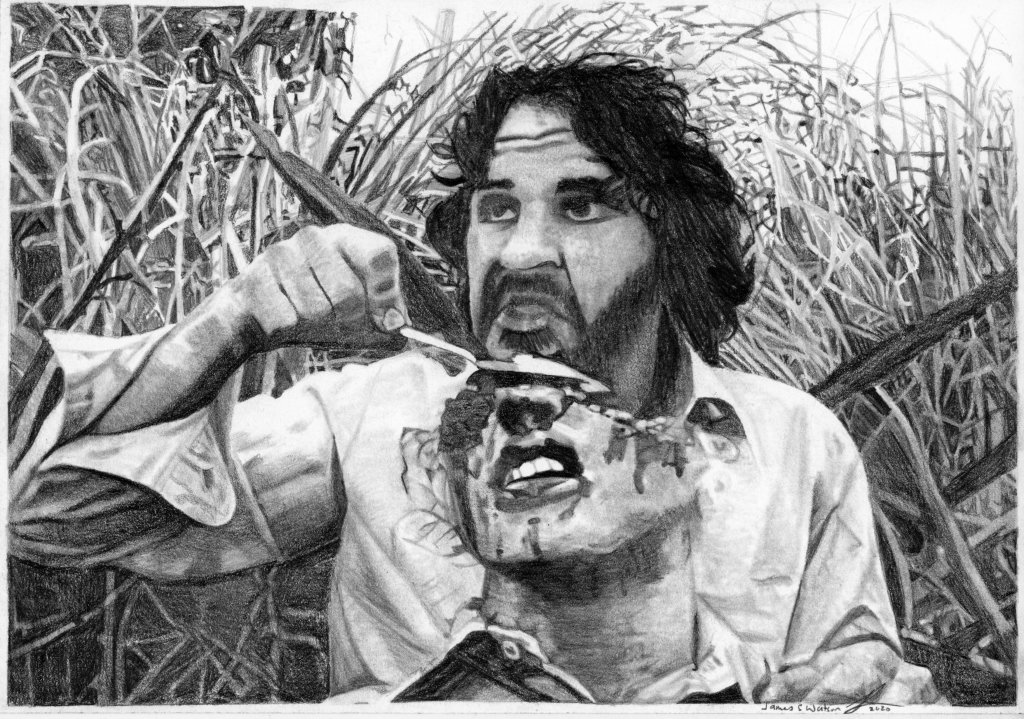 A black and white drawing of a man holding a spoon and interacting with a sculpted head, surrounded by tall grass.