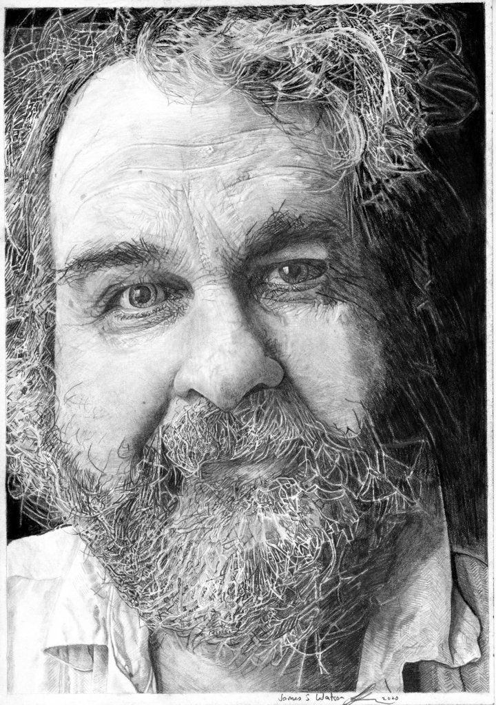 A detailed pencil drawing of a man with a beard and expressive eyes, showcasing intricate shading and textures.