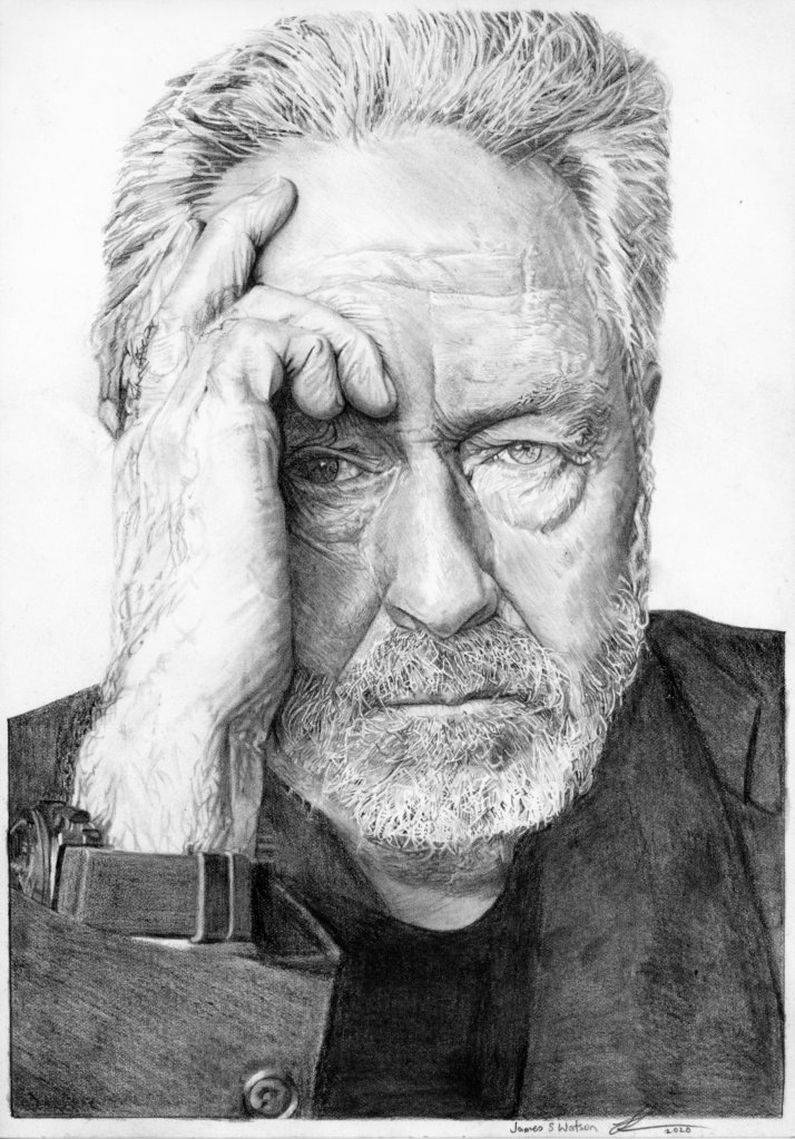 Detailed graphite and colored pencil portrait of an older man with a beard, resting his chin on his hand and looking contemplative.