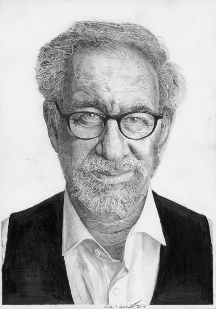 A detailed graphite pencil portrait of an older man with glasses and a beard, wearing a vest over a white shirt.