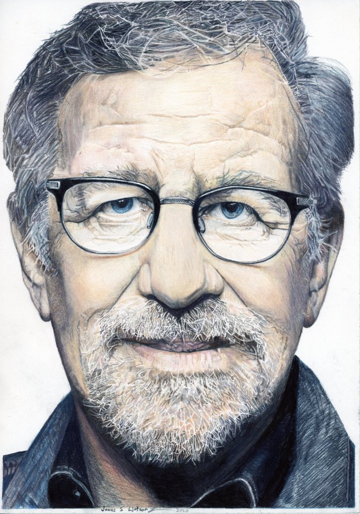 A colored pencil portrait of a mature man with glasses and a beard, showcasing detailed facial features and expressions.