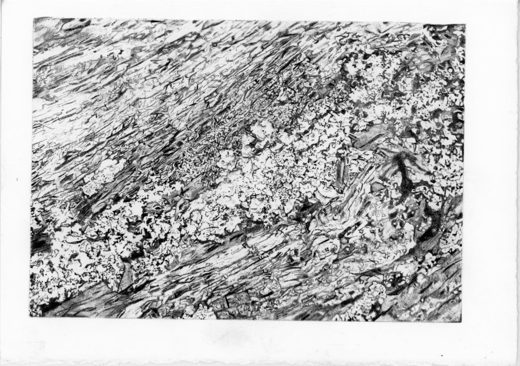 Abstract black and white texture with streaks and patterns resembling layered rock or mineral formations.