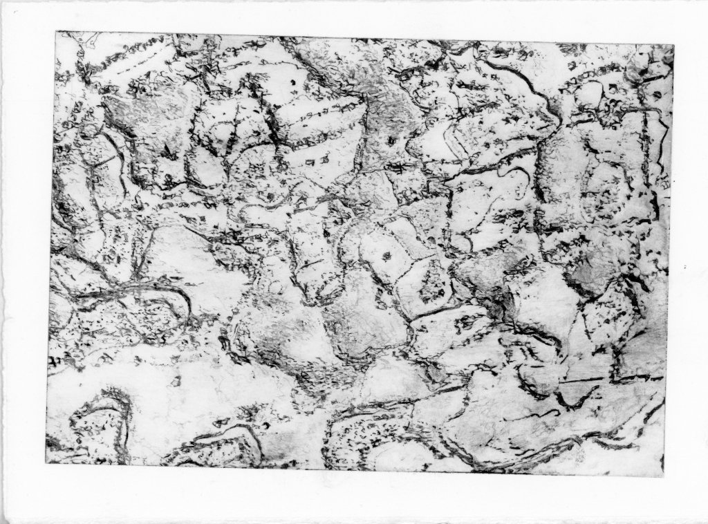 A black and white topographical map showing a detailed layout of landforms and contours.