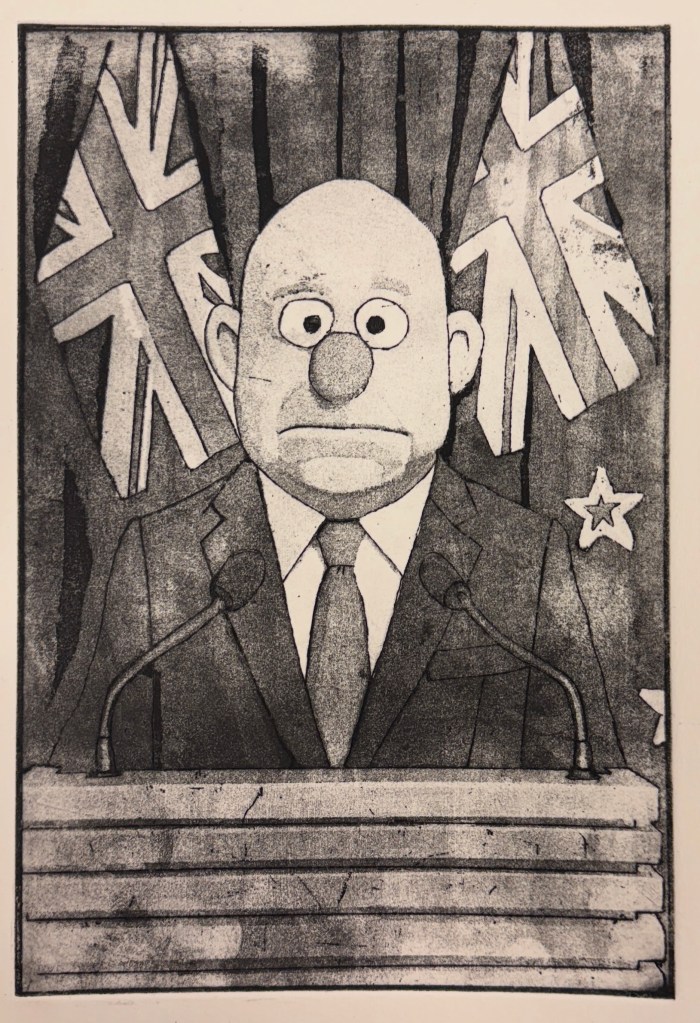 A stylized print of a businessman with a large nose, standing behind a podium with microphones, flanked by two New Zealand flags.