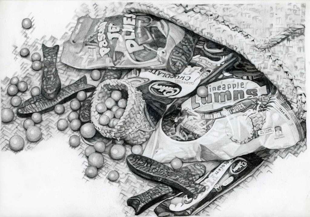 A black and white sketch of various candy bags and sweets scattered on a textured surface, featuring items like pineapple lumps and chocolate fish.