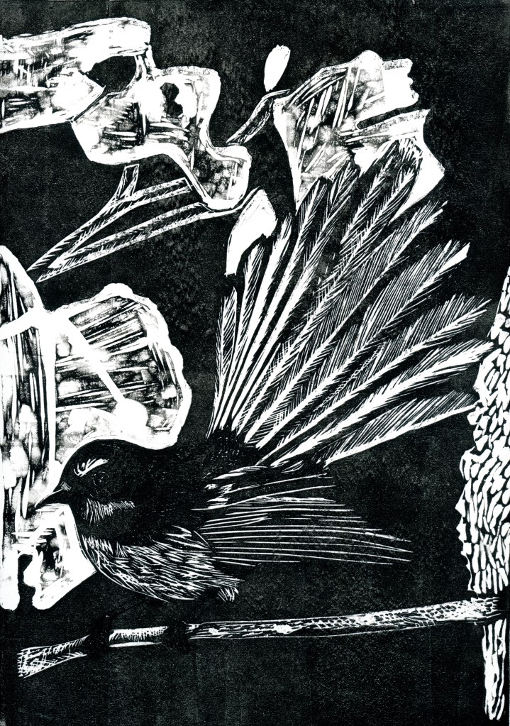 Black and white print artwork featuring a bird with intricate feather details, set against an abstract background.