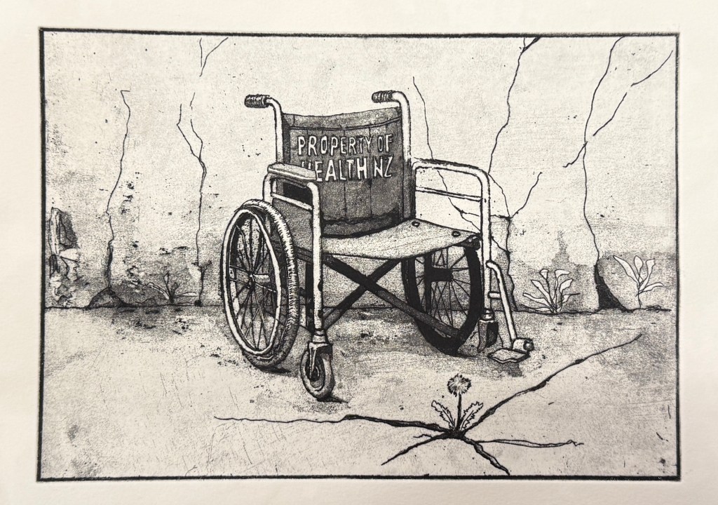 An artistic print depicting a weathered wheelchair with the text 'PROPERTY OF HEALTH NZ' on its backrest, set against a cracked background with small plants growing nearby.