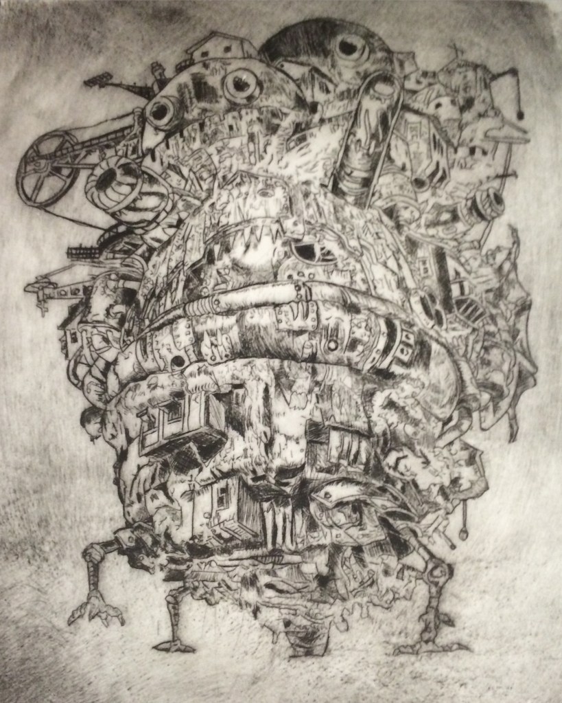 A detailed etching depicting a surreal, mechanical structure surrounded by various elements, including houses and abstract shapes.