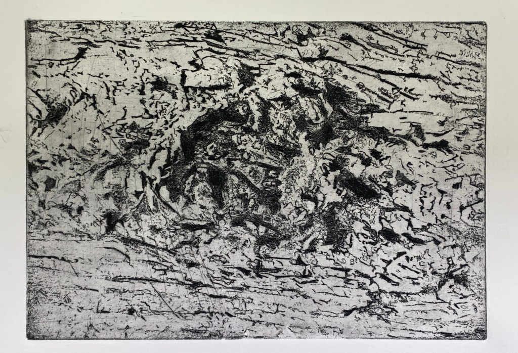 An abstract printmaking piece featuring a textured surface with various lines and patterns in black and white.