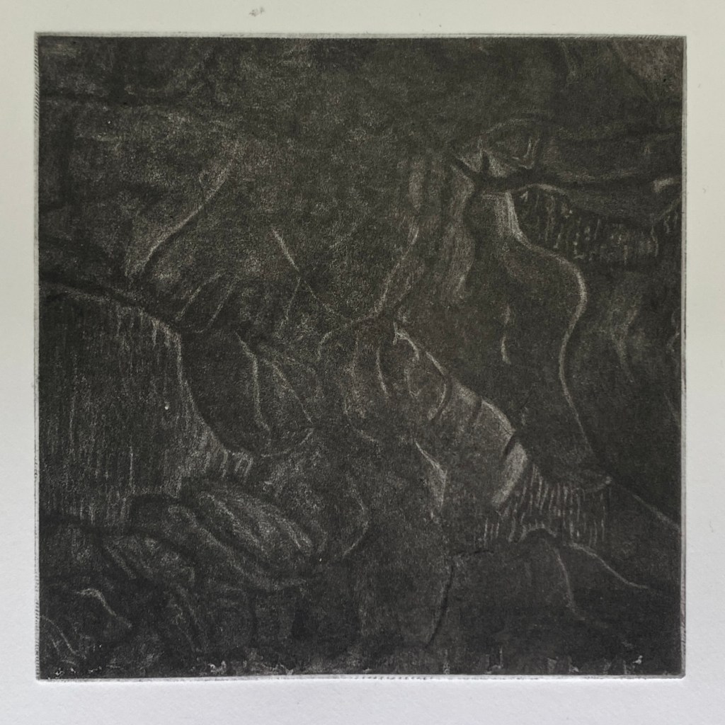 A textured printmaking artwork featuring abstract patterns and subtle variations in dark tones, showcasing the intricacies of the printmaking process.