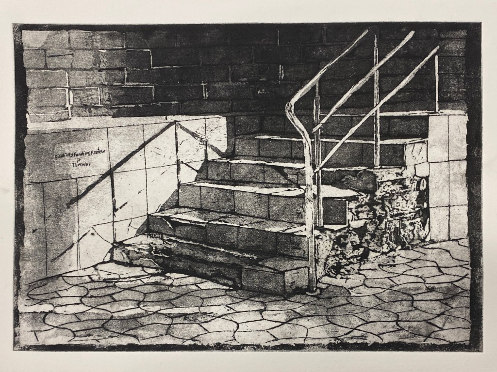 A black and white print depicting a staircase with a metal railing, set against a textured wall and patterned floor tiles.