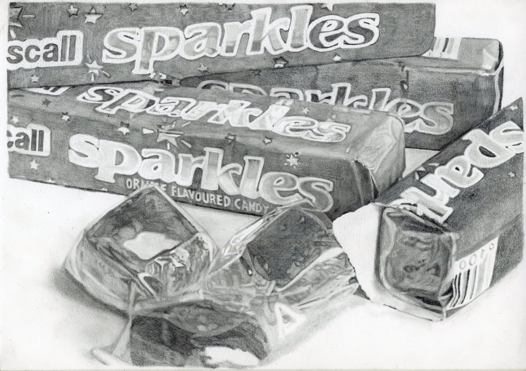 A black and white illustration of Sparkles orange-flavored candy wrappers, some unopened and one partially torn open, resting on a flat surface.