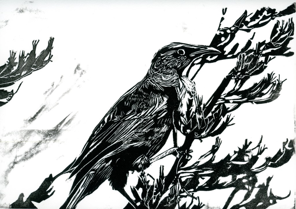 A black and white print of a bird perched on a branch, showcasing intricate details in its feathers and surrounding foliage.